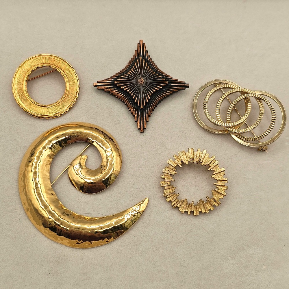 Gold Tone Brooch Pin Lot 5pc Geometric Abstract MCM Multi Era Minimalist